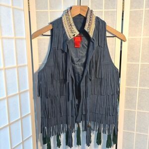 Women's S Blue Faux Suede Fringe Vest Boho Western Festival Style‎